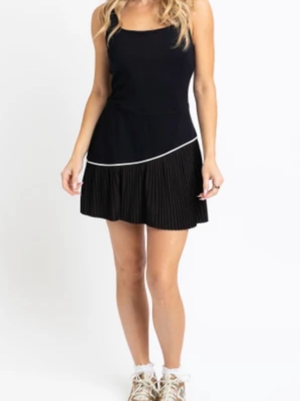 JoyLab Black Sleeveless Pleated-Hem Mini Dress with White Piping